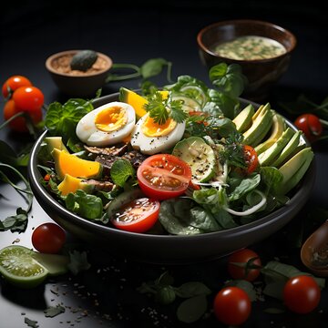 A delicious salad in a bowl with eggs, tomatoes, limete, avocado, basil.