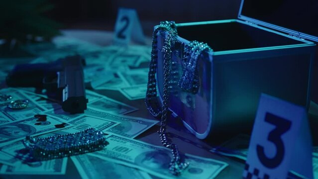 Closeup shot of the table with evidence numbers, jewellery, gun and blood on the money bills, in the dark apartment room. Crime scene creative concept.