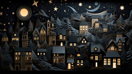 paper cut of a city at night.