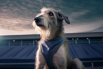 Photography in the style of pensive portraiture of a curious irish wolfhound dog eating wearing a cooling vest against a dynamic sports stadium background. With generative AI technology