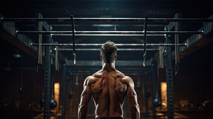 Fototapeta na wymiar a muscular athletic man stands in front of a gymnastics bar in the gym.