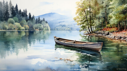 wooden boat on a beautiful calm lake with mountains and green forest in the background.