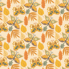Autumn moths and falling leaves seamless pattern. Background of autumn leaves and butterflies. Botanical cozy seasonal print for textiles, wallpaper and design, vector illustration
