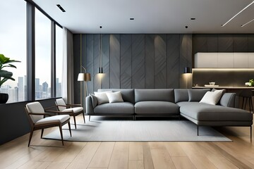 Modern living room interior, gray sofa on dark empty wall 