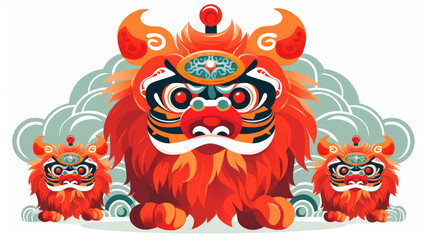 Illustration of Chinese lion dance, traditional festivals  southern China. Isolated on white background.  Generative AI| 舞狮