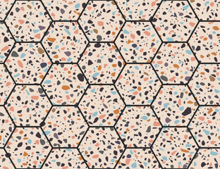 Terrazzo flooring vector seamless pattern. Texture of classic Italian type of floor in Venetian style composed of natural stone, granite, quartz, marble, glass and concrete. Antique hexagonal tiles.