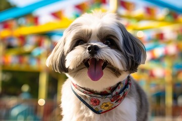 Environmental portrait photography of a happy shih tzu panting wearing a cooling bandana against a lively amusement park background. With generative AI technology