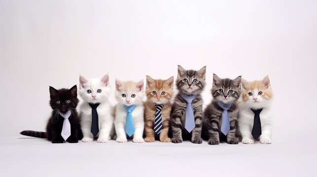 Image of funny smart kitten on group wearing tie sitting on hind legs