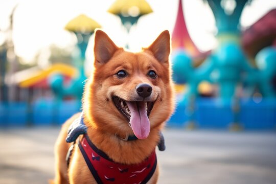 Headshot portrait photography of a cute finnish spitz fetching ball wearing a dinosaur costume against a lively amusement park background. With generative AI technology