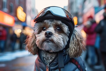 Medium shot portrait photography of a cute lowchen dog licking face wearing a ski suit against a bustling city street background. With generative AI technology