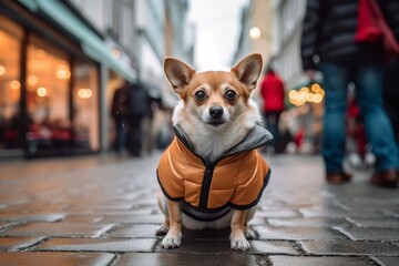 Medium shot portrait photography of a cute norwegian lundehund bumping head wearing a therapeutic coat against a bustling city street background. With generative AI technology