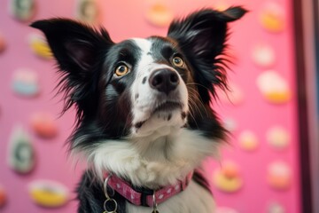 Fototapeta na wymiar Close-up portrait photography of a curious border collie begging for food wearing a floral collar against a vibrant yoga studio background. With generative AI technology