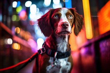 Photography in the style of pensive portraiture of a happy brittany dog drinking water wearing a harness against a lively nightclub background. With generative AI technology - obrazy, fototapety, plakaty