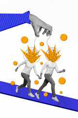 Photo collage artwork picture of arm manipulating headless running couple isolated white color...