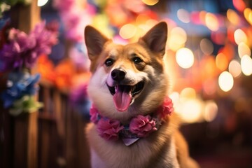 Conceptual portrait photography of a smiling norwegian lundehund prancing wearing a floral collar against a lively nightclub background. With generative AI technology
