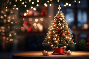 Christmas tree with lights and decorations with copy space and blurred background