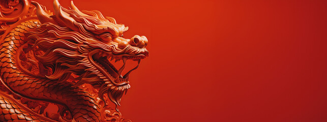 dragon de bois rouge, pour le nouvel an chinois 2024 - obrazy, fototapety, plakaty