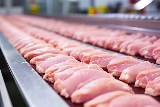 Poultry farm for the production of chicken meat. Industrial production and packaging of chicken meat. Chicken fillet and tenderloin on a conveyor in the workshop. modern food industry.