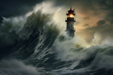 Naklejka premium Enormous swell submerges lighthouse. Generative AI