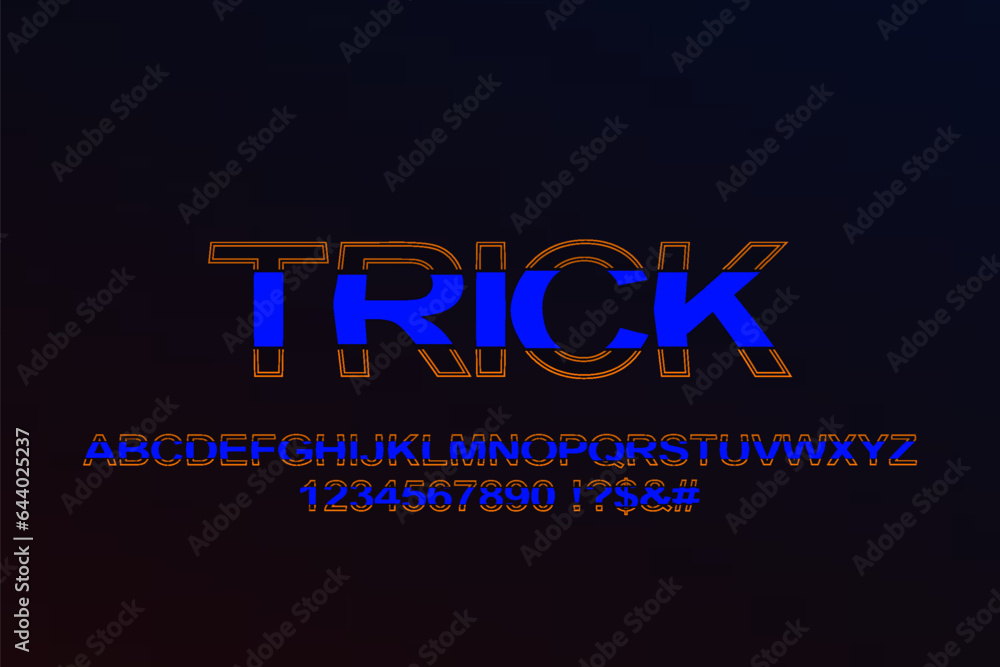 Poster stylish colored alphabet and numbers. typography font style with partial blue fill and orange stroke