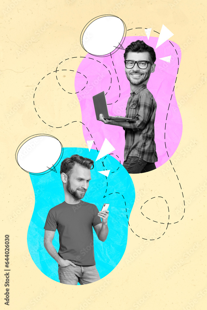 Poster magazine collage of happy funky guy texting messages apple samsung gadgets empty space isolated beig
