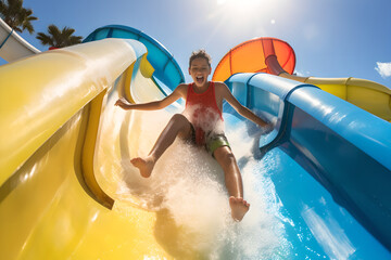 Happy boy going down the water slide in the water park, joyful children having fun splashing into pool after going down water slide