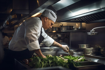 Professional chef cooking in a restaurant kitchen, man chef concentrated while preparing food in the kitchen at restaurant