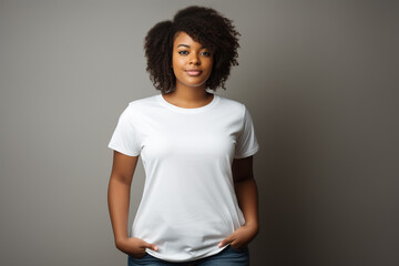 design mockup: beautiful plus sized black woman wearing white blank t-shirt on a neutral background