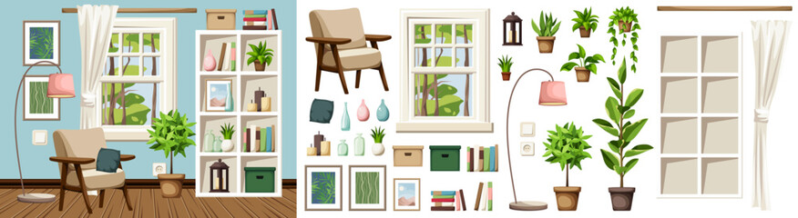 Living room interior design with blue walls, an armchair, a shelving, a window, and houseplants. Cozy room interior design. Furniture set. Interior constructor. Cartoon vector illustration