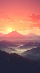 A painting of a sunset over a mountain range