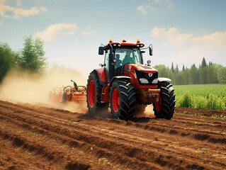 Fototapeta premium Agricultural industry tractors machinery tools plow large areas soil preparation and reducing labor costs.A