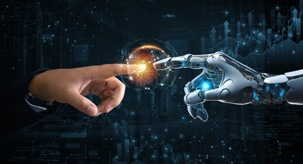 Hands of robot and human touching on big data connection on stock graph background. Science and artificial intelligence technology, innovation of futuristic. AI, Machine learning.