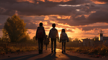 Obraz premium Four children with backpacks walking down the street at sunset