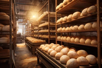 Foto auf Acrylglas Bäckerei Bread bakery food factory with white bread on shelves at the manufacturing.