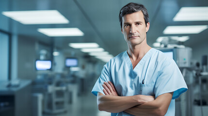 Portrait of attractive and confident male nurse wearing blue scrubs uniform in hospital, Handsome professional male nurse wearing blue medical uniform pose with with arms crossed