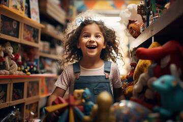 small child in an extremely positive mood, child girl in a toy shop, toys on the shelves, pipe dream and great joy, consumption and childhood - obrazy, fototapety, plakaty