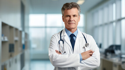 Portrait of senior male doctor in white coat with stethoscope smiling and standing with arms crossed in hospital
