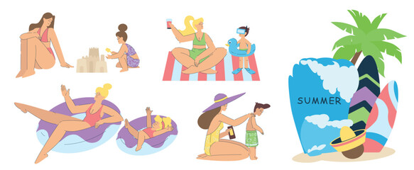 Family Vacation with Parent and Kids Enjoy Resort and Summer Holiday Vector Set