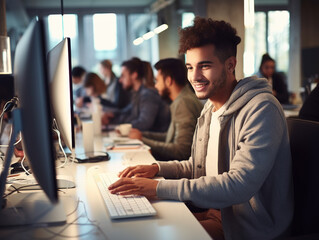 Handsome male student working on computer and applying his knowledge in writing code, developing software while studying in university with diverse multiethnic classmates.