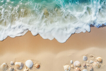 Fototapeta na wymiar Top view of a sandy beach with seashells and waves