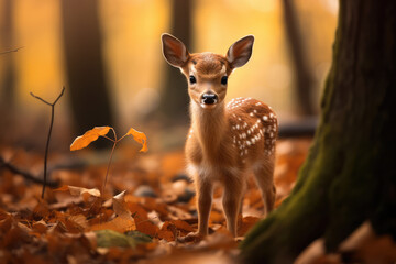close view of a baby deer in the woods autumn season