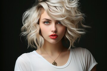 Naklejka premium photo of a blonde girl with a short asymmetrical haircut