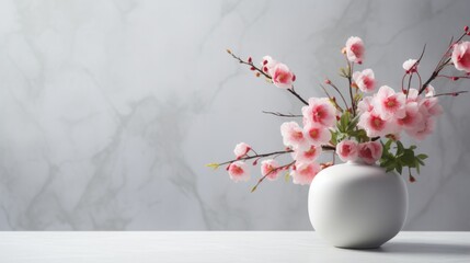 A white vase filled with pink flowers on top of a table