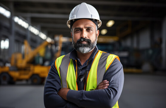 Portrait of mature civil engineer man wearing white hard hat and worker's uniform posing with crossed arms on a construction site.