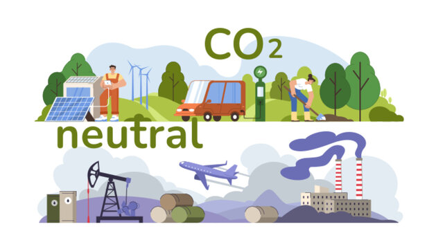 CO2 neutral, eco balance concept. People help save carbon neutrality, compensate air pollution from factories and industry. Characters protect atmosphere from smog and reduce emissions to environment.