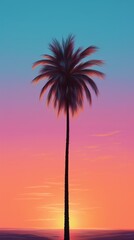 Obraz premium A palm tree is silhouetted against a colorful sunset