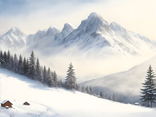 Fototapeta premium Winter watercolor mountain view background