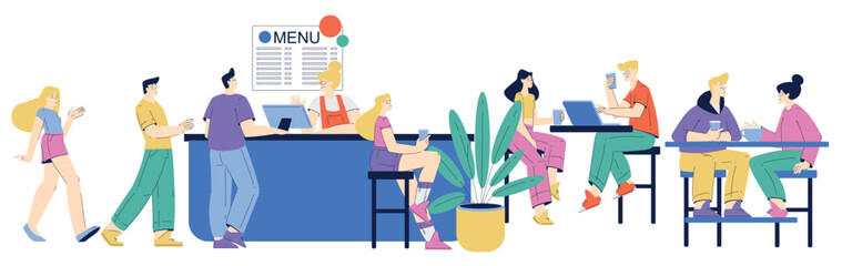 People Characters at Cafe Order Food at Counter and Sitting at Table Vector Illustration