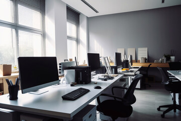 Panoramic closeup view of the office workplace in modern style