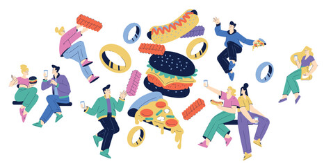 People Characters with Fast Food Items Floating in the Air Vector Illustration
